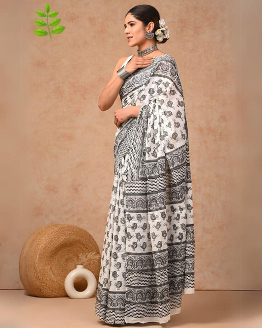 Indiehaat | Pure Mulmul Cotton Saree White and Gray Color handblock printed with Running Blouse