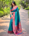 Indiehaat | Paithani Silk Zari Woven Contrast Green & Pink Saree