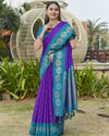 Indiehaat | Soft Silk Floral Border Contrast Zari Woven Purple & Blue Saree