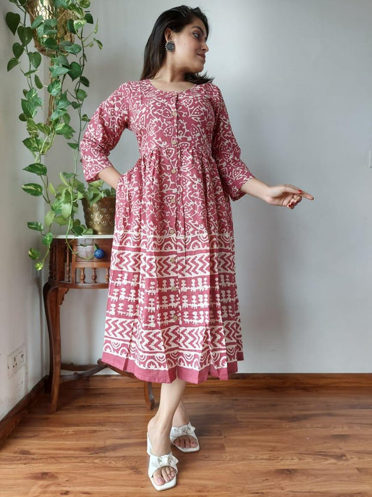 Indiehaat | Cotton Long One Piece Dress Maroon Color Bagru Hand Printed Size 36 to 46