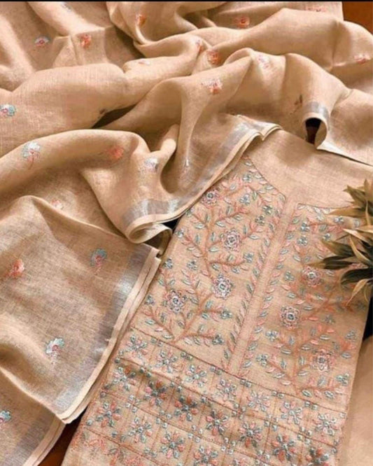 Indiehaat | Pure Linen Embroidered Suit Piece Pastel Brown Color (Top+Dupatta) With Linen Bottom