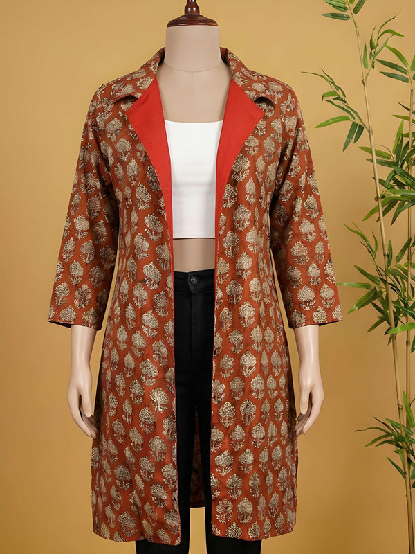 Avaran Roop Pure Cotton Blockprint Winter Jacket Rust Orange