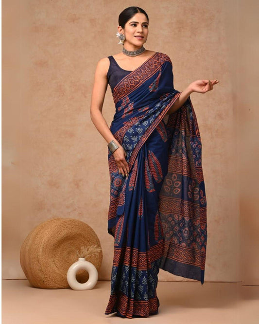 Indiehaat | Pure Mulmul Cotton Saree Blue Color handblock printed with Running Blouse