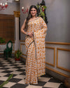 Indiehaat | Mul Cotton Printed Saree Orange & White