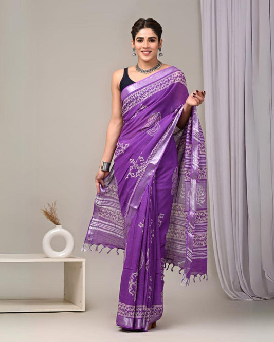 Indiehaat | Linen Saree Purple Color Kalamakari Handblock Printed With Running Blouse