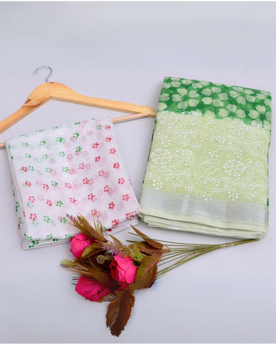 Indiehaat | Kota Doria Green Saree Embroidery With Blouse Piece