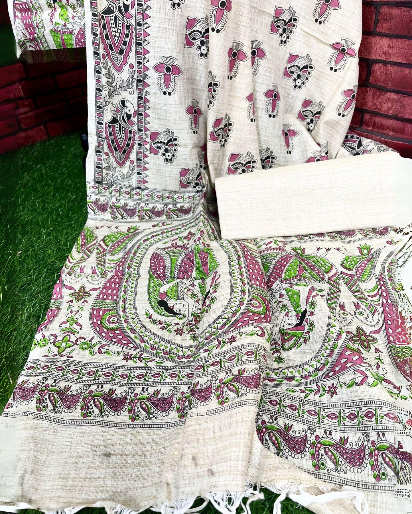 Indiehaat | Khadi Silk Light Beige Suit Madhubani Print Top+Bottom+Dupatta