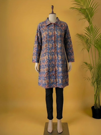 Avaran Roop Pure Cotton Blockprint Winter Jacket Blue