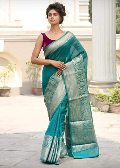 1094-Silk Linen Banarasi Brocade Weaving Handloom Sea Green Saree with Blouse