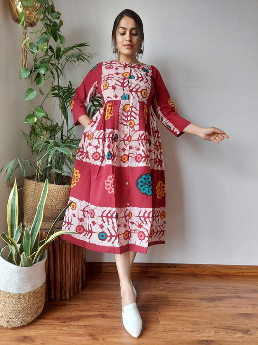 Indiehaat | Cotton Long One Piece Dress Maroon Color Bagru Hand Printed Size 36 to 46