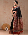 Indiehaat | Maheshwari Silk Saree Black Color Bagru Handblock Printed with Running Blouse (Silk by Silk)