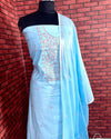 Indiehaat | Gulmohar Slub Linen Blue Unstiched Embroidered Suit