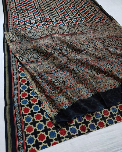 Indiehaat | Chanderi Silk Ajrakh Print Saree Multicolor