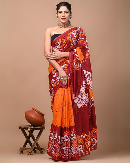 Indiehaat | Pure Mulmul Cotton Saree Orange and Burgundy Color Bagru Handblock Print with Running Blouse