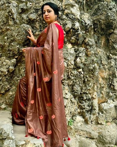 Tussar Silk Saree Online – Floral Buti Embroidery – Lightweight – Indiehaat