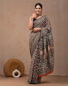 Indiehaat | Pure Mulmul Cotton Saree Black with Multi Color handblock printed with Running Blouse