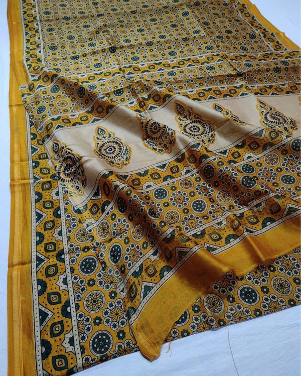 Indiehaat | Chanderi Silk Ajrakh Print Saree Yellow