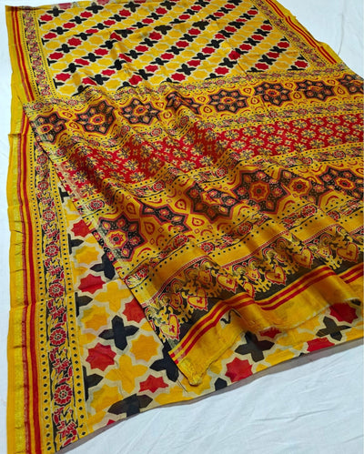 Indiehaat | Chanderi Silk Ajrakh Print Saree Yellow