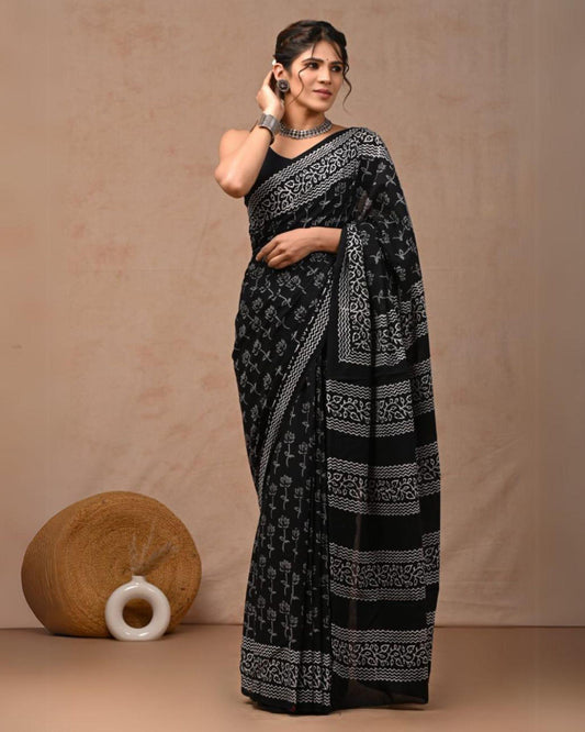 Indiehaat | Mulmul Cotton Saree Black Color Handblock Printed with Running Blouse