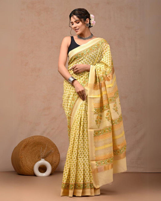 Indiehaat | Maheshwari Silk Saree yellow Color Bagru Handblock Printed with Running Blouse (Silk by Silk)
