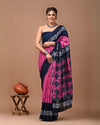 Indiehaat | Pure Mulmul Cotton Saree Rose Pink Color Bagru Handblock Print with Running Blouse