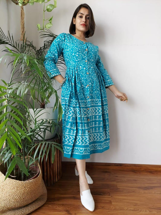 Indiehaat | Cotton Long One Piece Dress Sky Blue Color Bagru Hand Printed Size 36 to 46