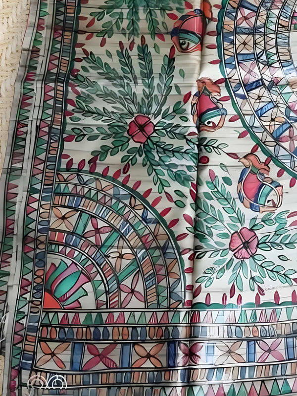 Silkmark Tussar Vibrant Madhubani Handpainted Biege Saree