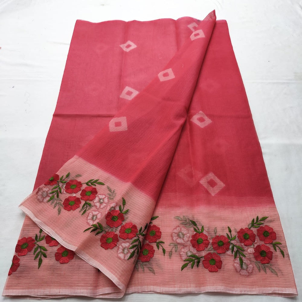 Kota Doria Saree Bandhej and Embroidery Work Red With Blouse Handcrafted-Indiehaat