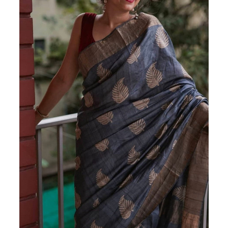 Silkmark Certified Moonga Tussar Silk Embroidered Grey Color Saree with Running Blouse-Indiehaat