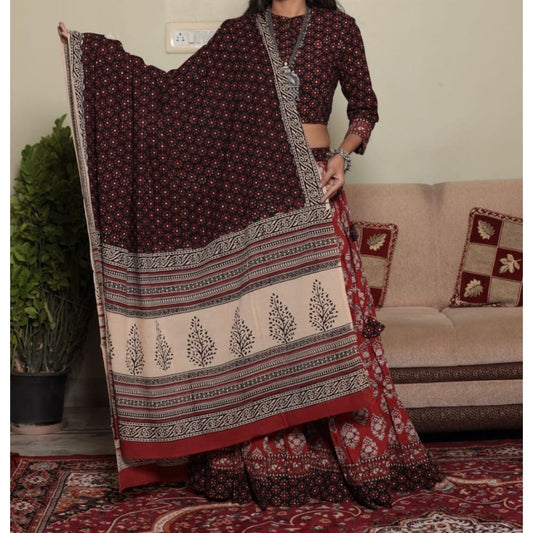 Handblock Printed Cotton Red and Brown Lehanga And Top With Mulmul Dupatta | Indiehaat