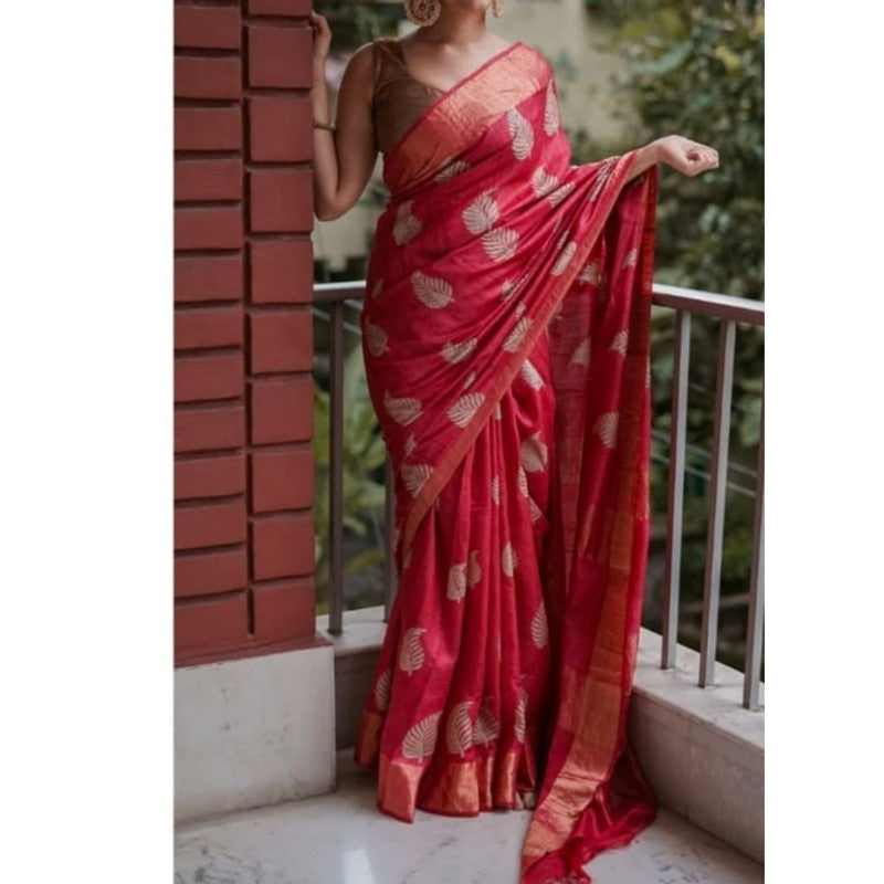 Silkmark Certified Moonga Tussar Silk Embroidered Red Saree with Running Blouse-Indiehaat
