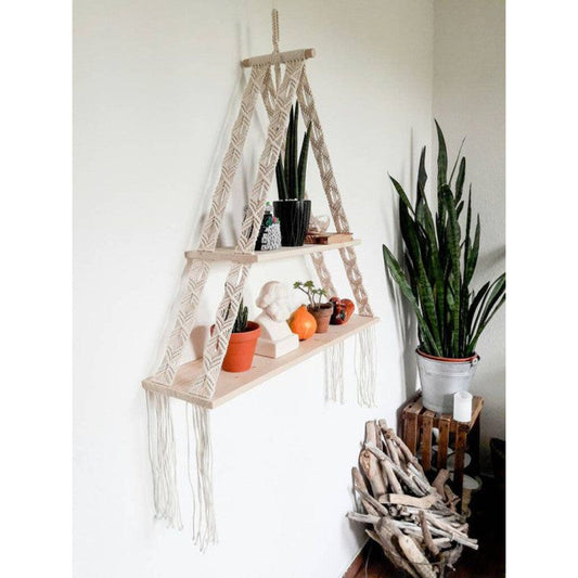 V White Plant Hanger With Double Pine Wood-Indiehaat
