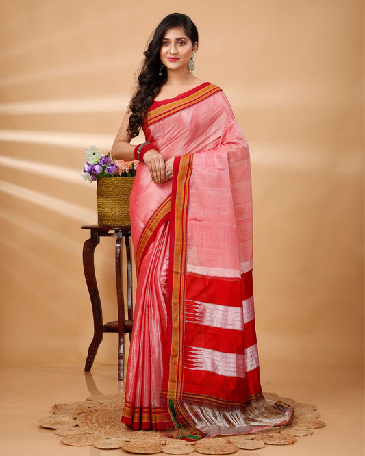 ILKAL Handloom Cotton Silk Saree Coral Pink Color with running blouse - IndieHaat