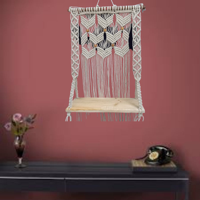 Macrame Off White Plant Hangers With Pine Wood-Indiehaat