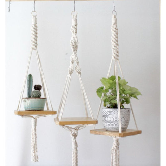 Macrame White Plant Hanger With Wooden Board (Set Of 3 Pcs )-Indiehaat