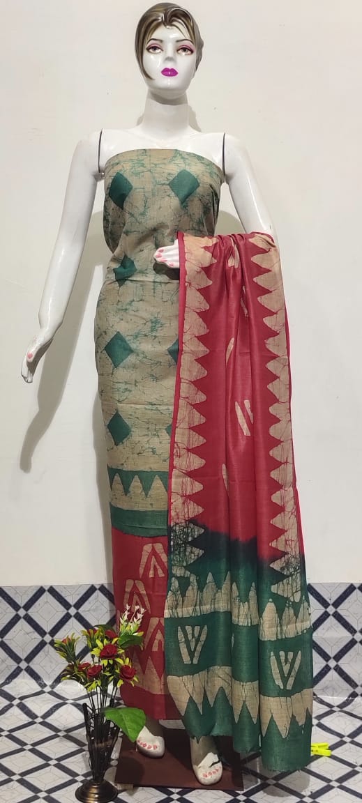 Handblock Printed Khadi Cotton Batik Print Suit Piece with Bottom and Dupatta