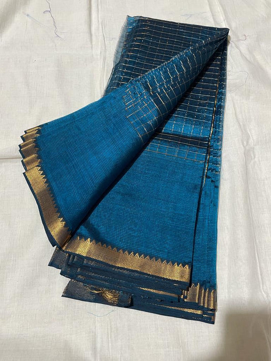 Mangalagiri Silk Saree 50/50Border Blue 15% Off - IndieHaat