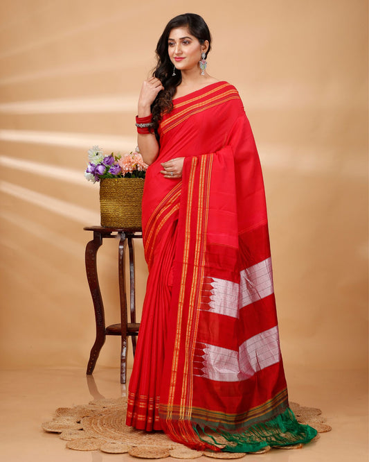 ILKAL Handloom Cotton Silk Saree Red Color with running blouse - IndieHaat