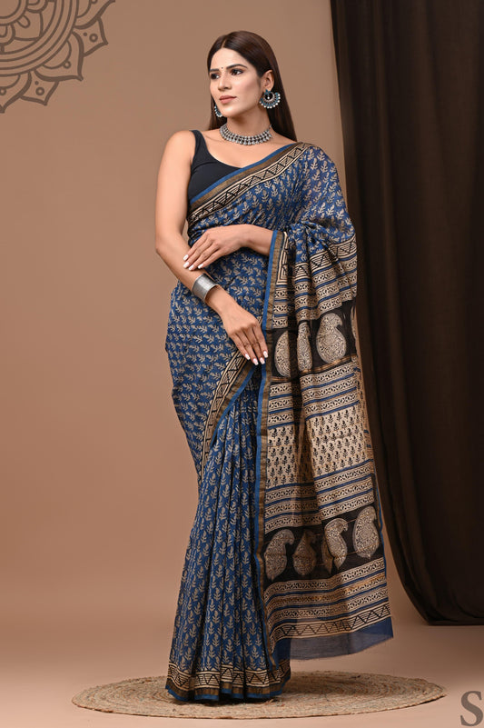 Pure Chanderi Silk Blue  Saree Handblock Printed with running blouse