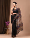 Kota Doria Cotton Saree Black Color Block printed with running blouse - IndieHaat