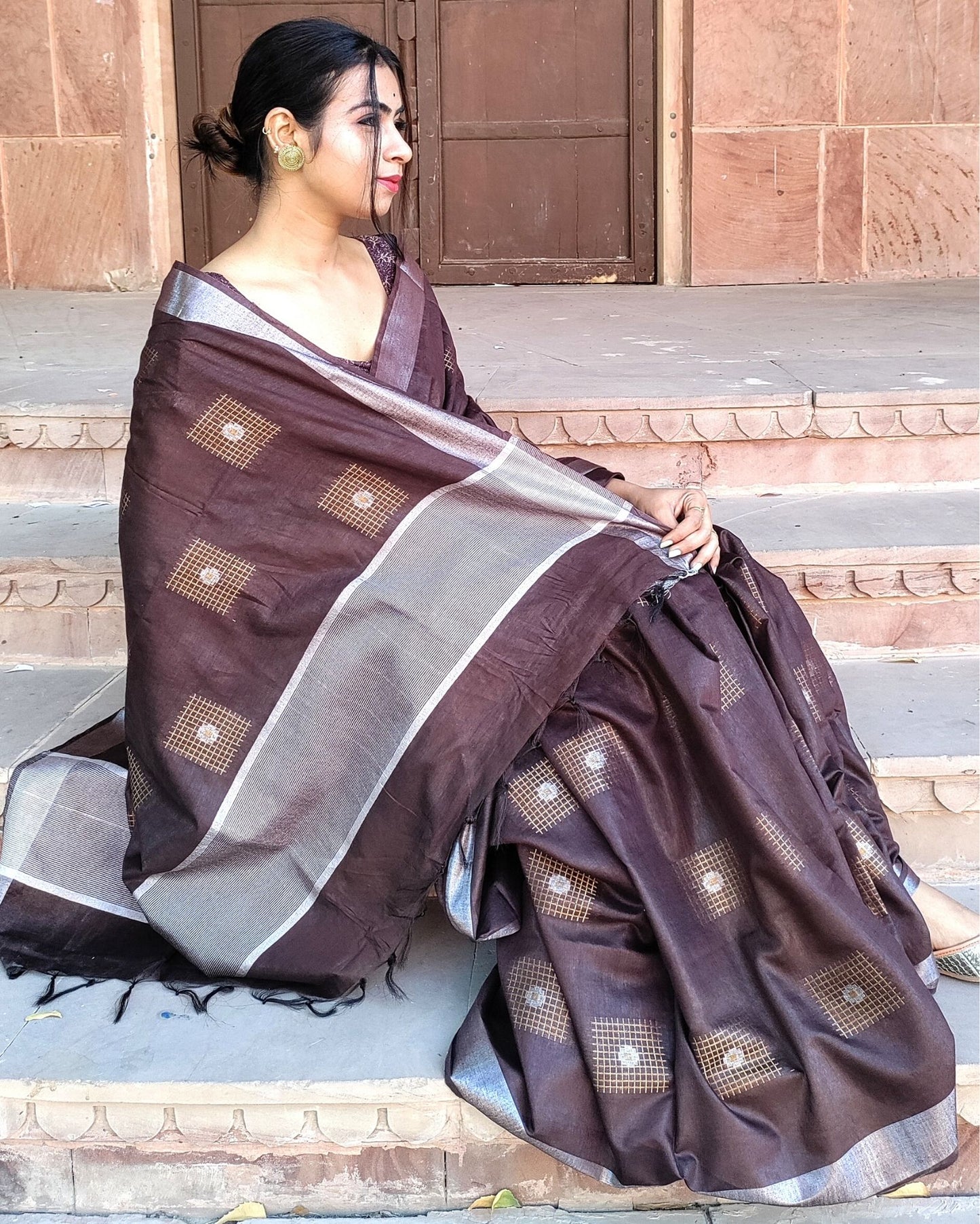 Pure Kota Silk Saree Brown Color Weaving Jaquard - IndieHaat