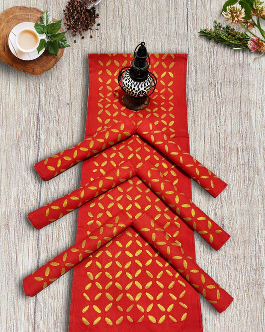 Cotton Table Runner and Mat Set (6+1) Applique work Red Color - IndieHaat