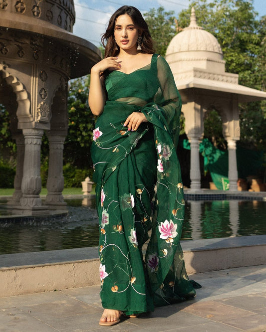 Organza Silk Saree Moss Green Color Hand Painted with running blouse - IndieHaat