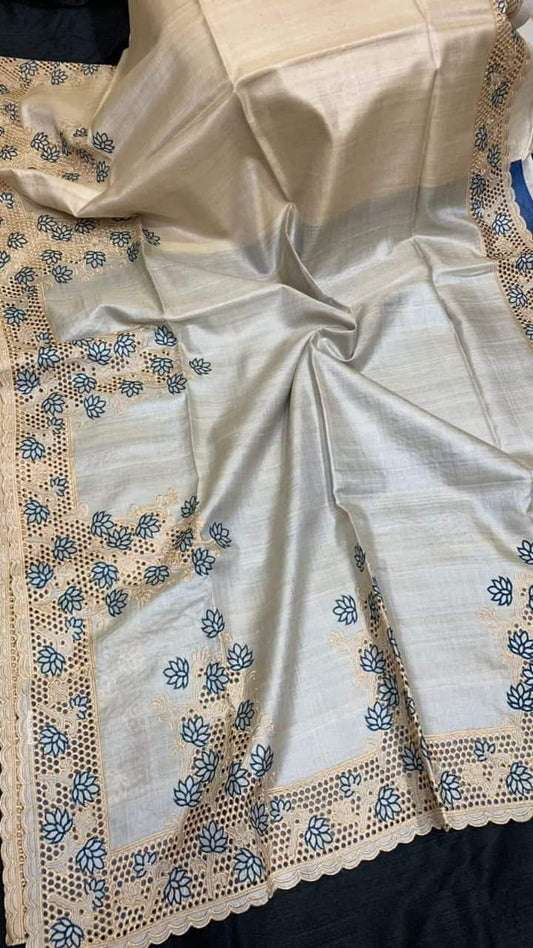 Silkmark Certified Pure Tussar Hand Cutwork Beige & Grey Color Saree (Tussar by Tussar Fabric) - IndieHaat