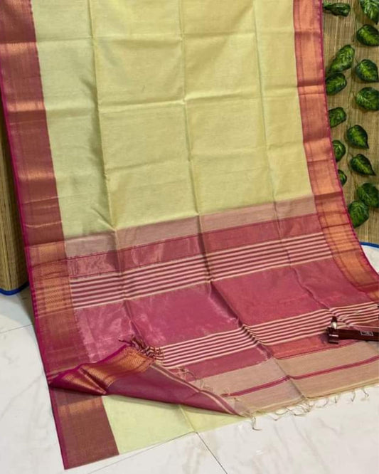 Pure Maheshwari Handwoven Tissue Silk Saree Pale Olive Yellow Color with running blouse - IndieHaat