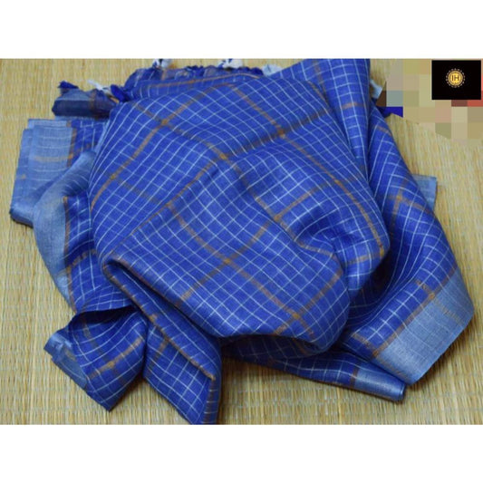 Pure Linen Check Design Handloom Blue Saree with Running Blouse-Indiehaat