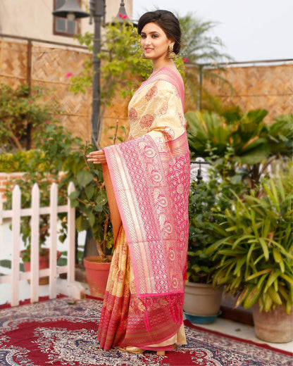 Kashmiri Modal Silk Saree Pastel Peach Color with contrast pallu and blouse - IndieHaat