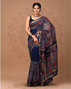 Maheshwari Silk Saree blue Handblock Printed With running blouse (Silk by Silk)