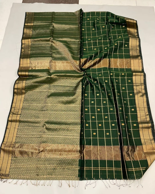 Maheshwari Handloom Pure Tissue Silk Saree Dark Green Color with running blouse - IndieHaat