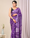 Linen Saree Royal Purple Color Handblock Kalamkari Printed with running blouse - IndieHaat
